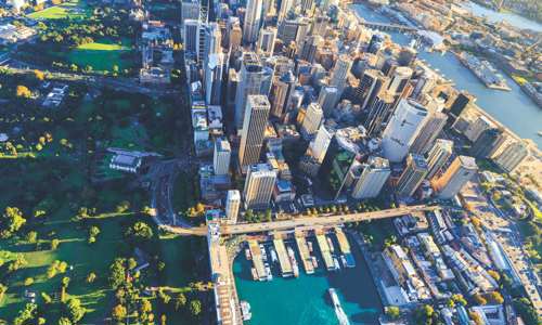 Sydney aerial view of building, Botanical gardens and Sydney harbour