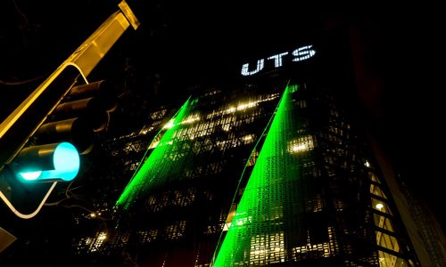 An up shot view of UTS' Faculty of Engineering and IT Building, located on Broadway Sydney