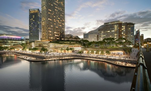 Artists render of a renewed Darling Harbour from Pyrmont Bridge