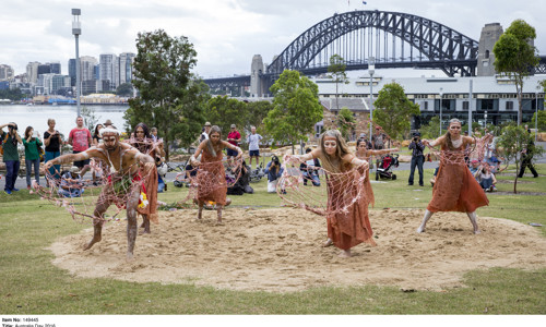 Indigenous dancing group performing at WugulOra, a ceremony celebrating Australia's traditional custodians on Australia Day 2016