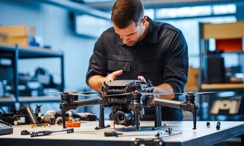 focussed engineer building a drone