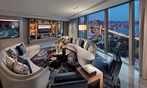 Hotel room with views of the Harbour Bridge at Crown Towers Sydney