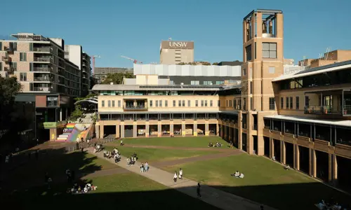View of UNSW Sydney Quadrangle from second level of Quadrangle side buildings. Students walking across campus.