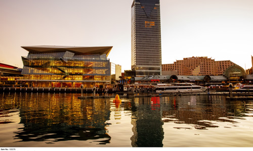 Sun setting over the International Convention Centre (ICC) and Sofitel Sydney Darling Harbour hotel