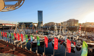 Harbour signage and boats on display at the Sydney Boat Show Darling Harbour